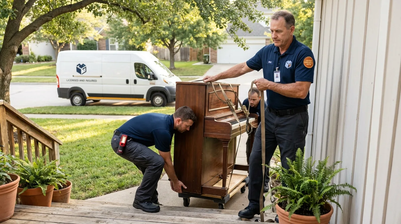 Licensed piano movers securing grand piano in Maspeth, NY