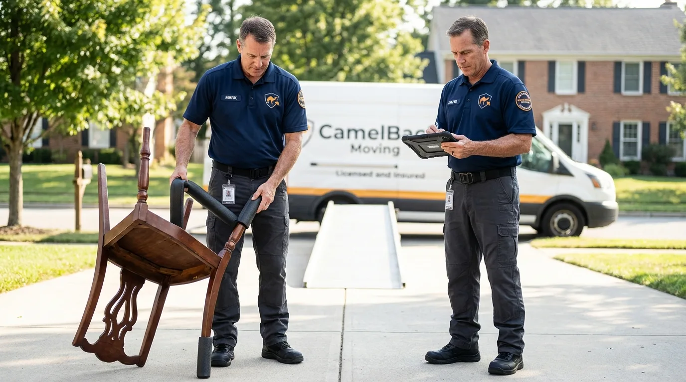 Movers inspecting furniture for damage prevention before loading in Maspeth, NY